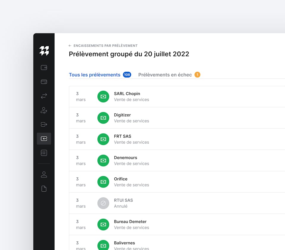 Détail d’un encaissement par prélèvement passé, réalisé avec succès.